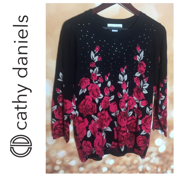 Cathy Daniels Sweaters - Cathy Daniels Embellished Rose Sweater Large